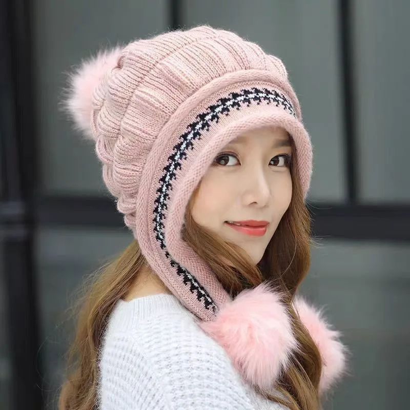 Soft Winter Warm Fur Hat Fleece Lined Earflap Hat for Women Knitted Beanie Casual Slouchy Thick Thermal Cap for Cold Weather