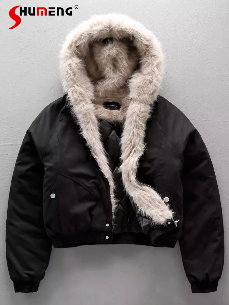 

Высококачественное пальто с воротником из искусственного меха, парки для мужчин и женщин, зима 2025, новые утолщенные однотонные парки с капюшоном, простые шикарные пальто с длинными рукавами