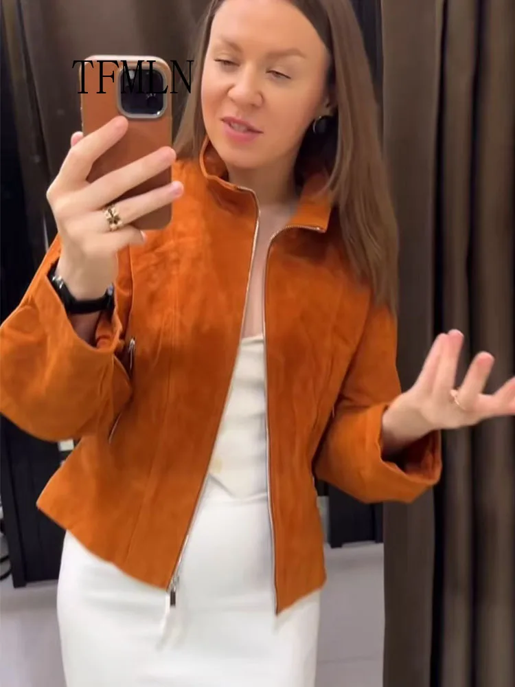 TFMLN Vintage Women Stand Collar Jackets 2026 Autumn Winter Elegant Zippers Long Sleeve Pockets Coats Solid Causal Streetwear
