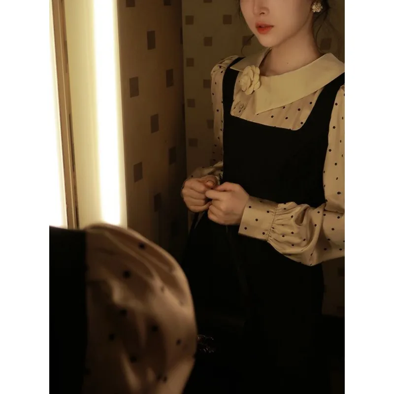 秋のレトロなフレンチウエスト削減と年齢削減サテン水玉模造ツーピーススリムヘップバーン気質ドレス