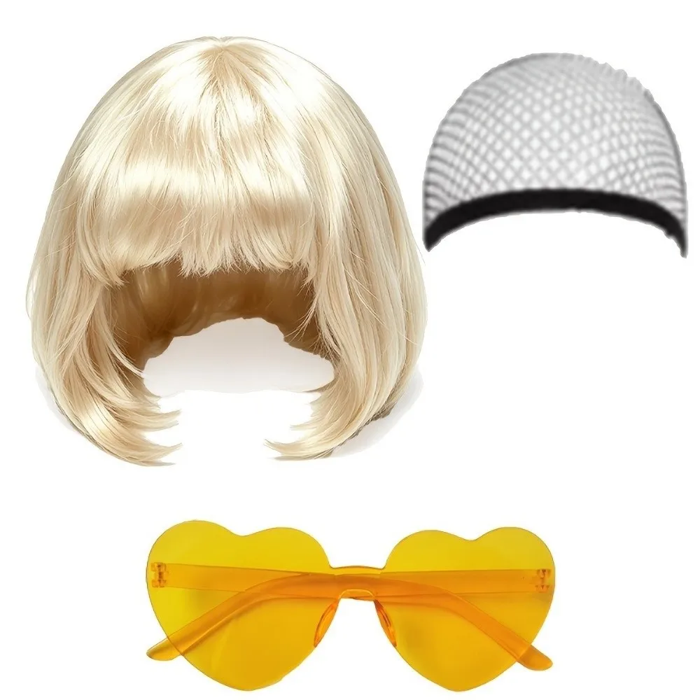 3Pcs Colorful Short Bob Hair Wig Christmas Party Cosplay Wig Set with Hairnet and Glasses Halloween Role-playing Short Hair Wig