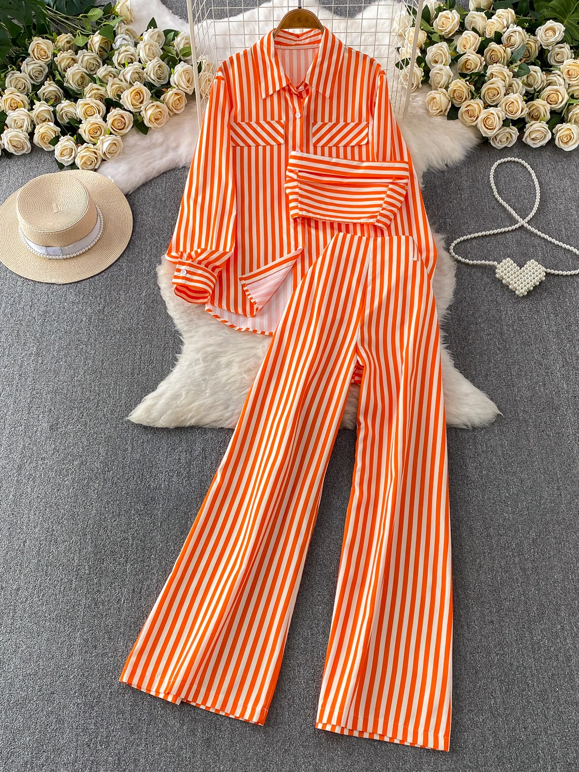 

Casual Commute Style Loose Striped Open Cardigan Jacket Sexy Wrap Chest Vest Inner Wear Three Piece Set with Long Pants