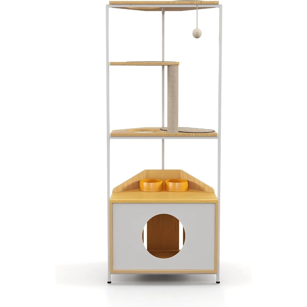 

Corner Cat Tower, Cat Tree with Scratching Post, Cat Condo with Feeding Station and Climbing Platforms, Pet Furniture for Indoor
