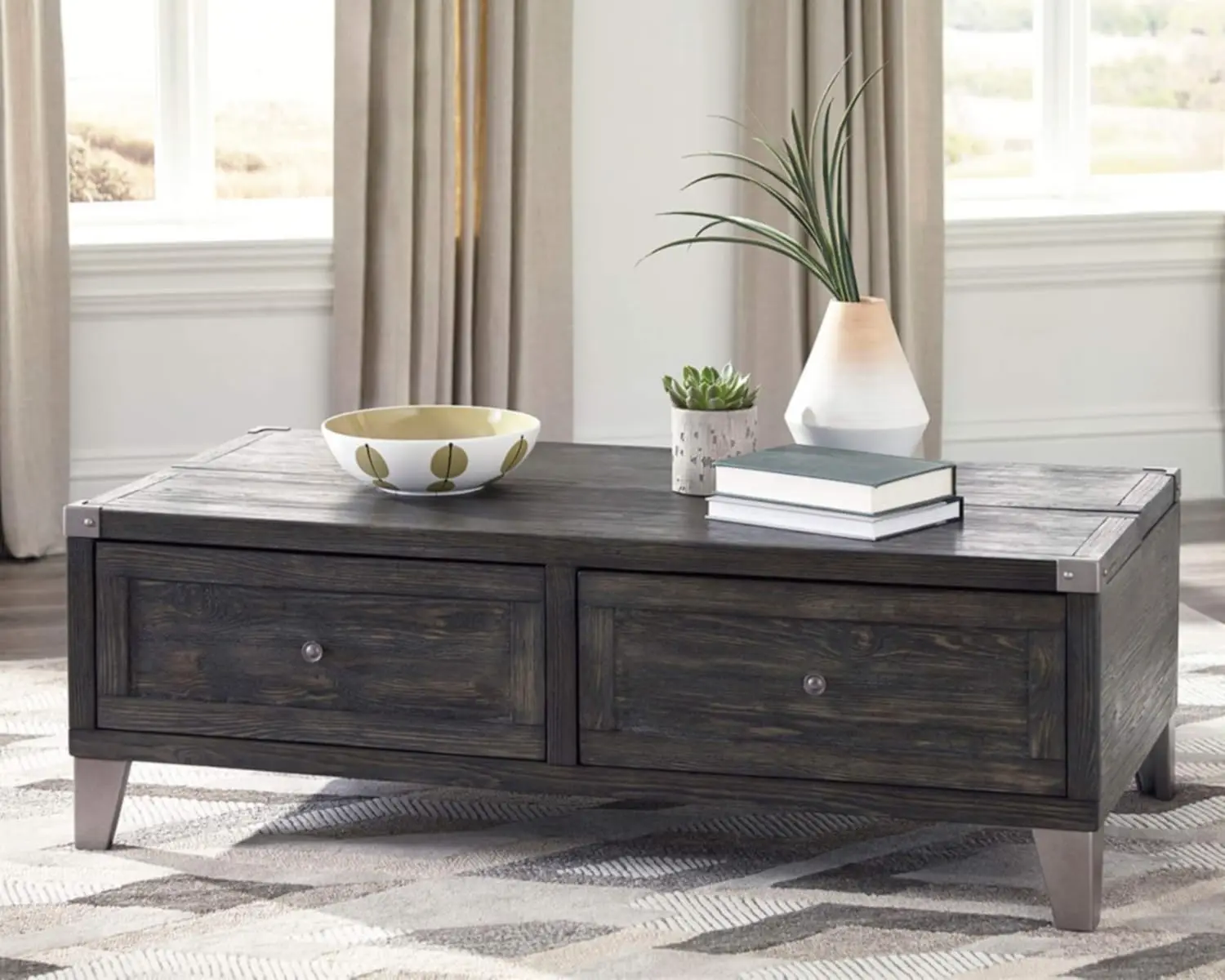 Todoe Industrial Rectangular Lift Top Coffee Table with 2 Storage Drawers, Dark Gray with Weathered Pine Finish