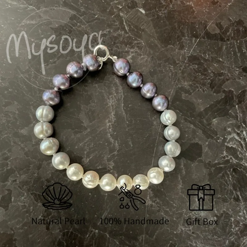 

MYSOYA 6-7mm Natural White Black Freshwater Pearl Bracelet With Gift Box Mens Bracelet Birthday Wedding Jewelry Gift