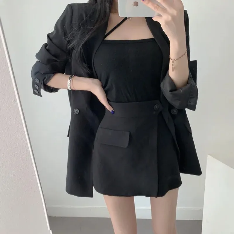 Slimming Effect Korean Style Women's Suit Set Short Pants Skirt Two-Piece Ensemble Spring Autumn Fashion Versatile Outerwear