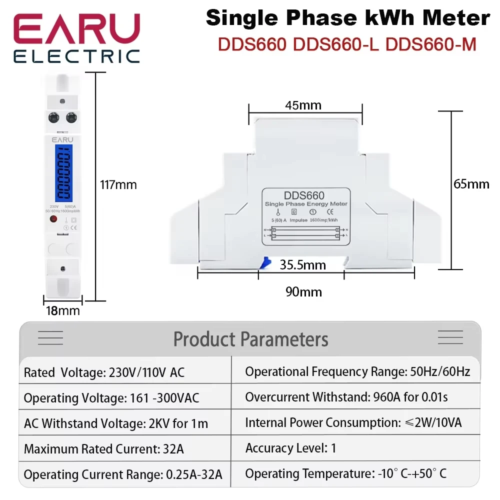 18mm Single Phase 1P Backlight Digital Wattmeter Power Consumption Analog Energy Meter kWh AC 230V 50Hz LCD Electric Din Rail