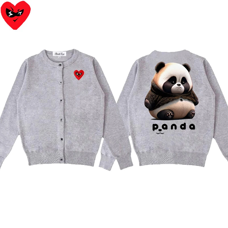 Fat Panda Cartoon Animal Print Women Cardigan Cotton Cute Red Glasses Heart Embroidery O-Neck Single Breasted Autumn Fit Sweater