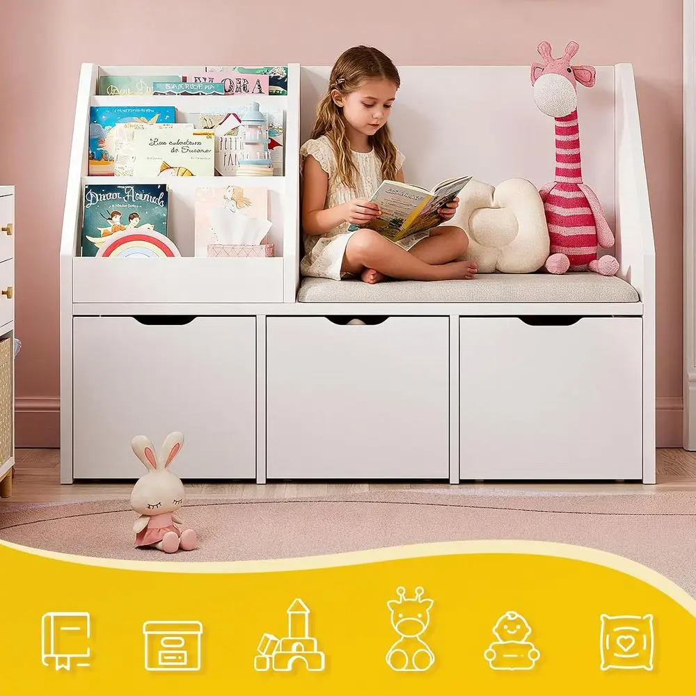 Organizer Mainan dengan Rak Buku, Bangku Baca Berbantalan, 3 Laci, Roda Tersembunyi, Putih