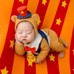 Circus Newborn Photography Props Hand Knitted Baby Jumpsuit + Hat Set Bear Dolphin Elephant Animal Train Track Photo Accessories