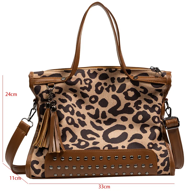 Bolsa de ombro padrão leopardo para mulheres, bolsas rebites retrô, bolsa crossbody de couro, bolsa grande para senhoras, moda, 2022