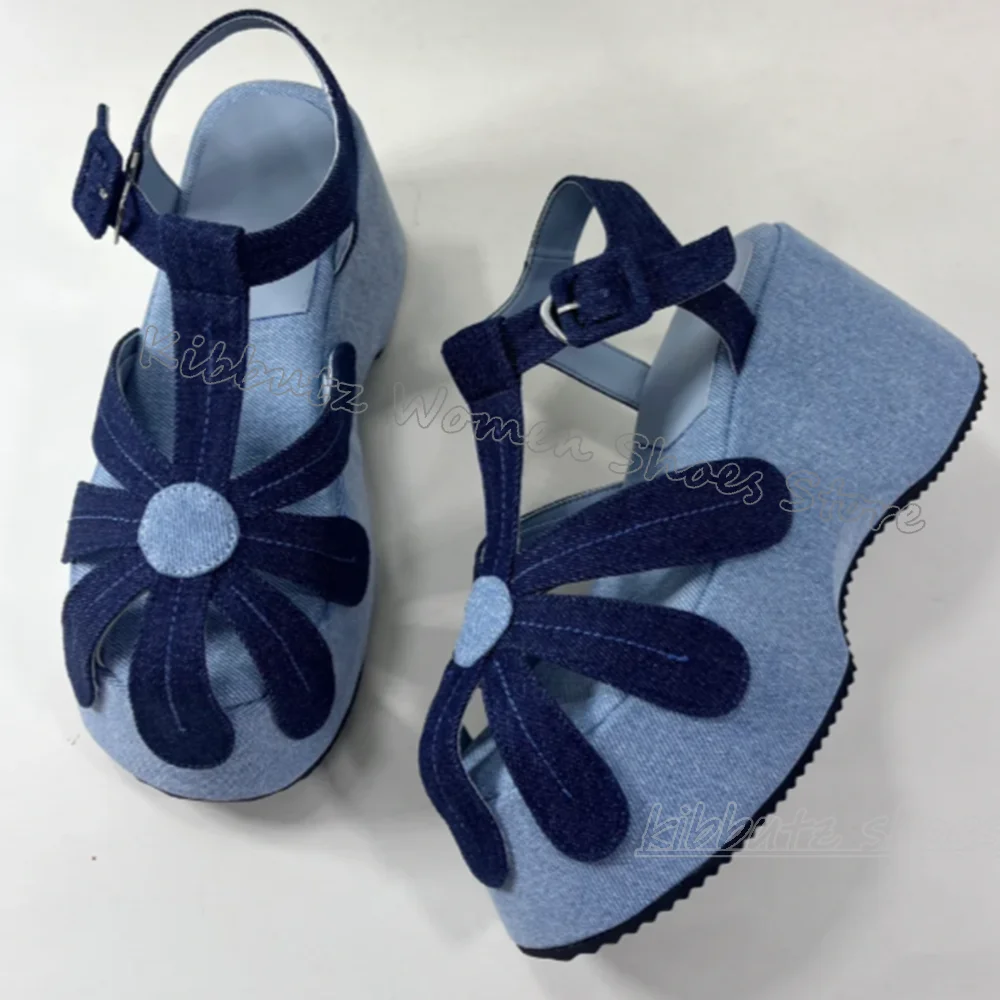 

Flowers Patchwork Sandals Platform Mixed Color Hollow Round Toe Wedges Buckle Strap Fashion Novelty Sweet Women Summer Shoes New