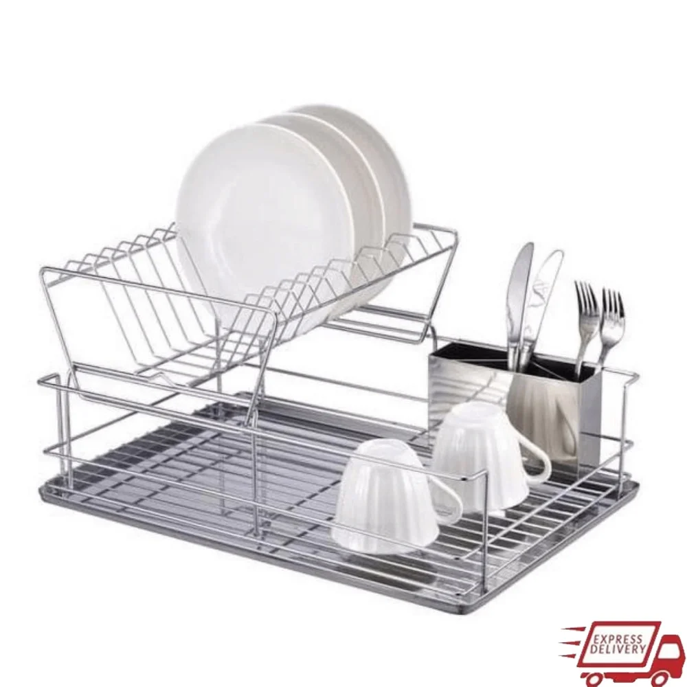 

22 Inch Chrome Dish Rack Two Tier with Cutlery Holder Removable Compartments Self-Draining Board Heavy Duty Storage Solution