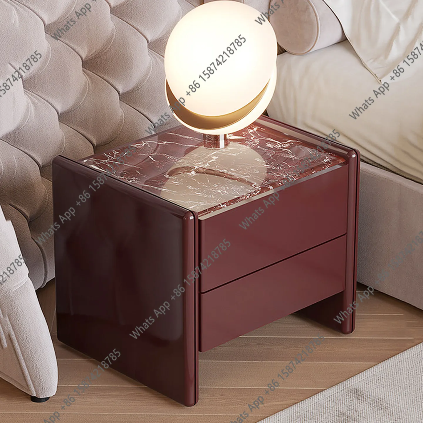 

Red luxury stone bedside table new marble designer high-end fashion bedroom home