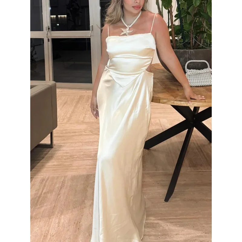

Women's Sleeveless Satin Textured Dress Lace-Up Backless Design Side Zipper Summer Beach Party Style Decorative Dress