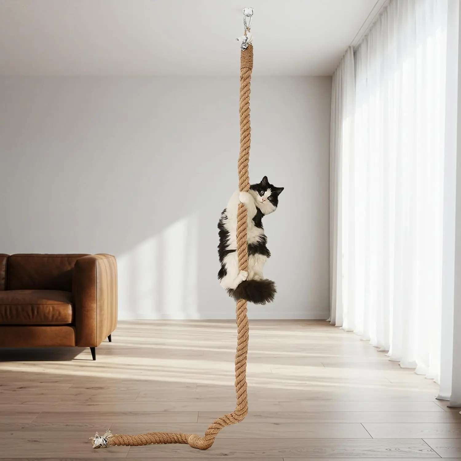 

Джутовый канат для лазания кошек 1,97'' x 6,7 фута с крюком для крепления к потолку или стене, игрушка-когтеточка для кошек, для использования в помещении и на улице
