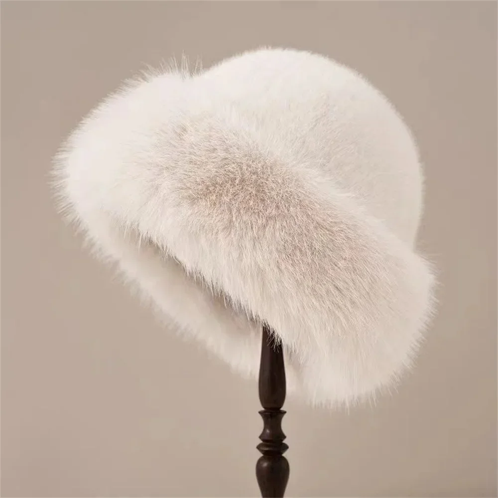 

2024 Big Fluffy Faux Fur Bucket Hat for Women Luxury Plush Fisherman Hat Warm Winter Hat Thicken Cold Snowy Day Panama Cap 2023