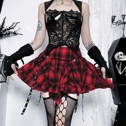 Women Goth Eyelets Bandages Checkered Print Tiered Pleated A Line Mini Skirt