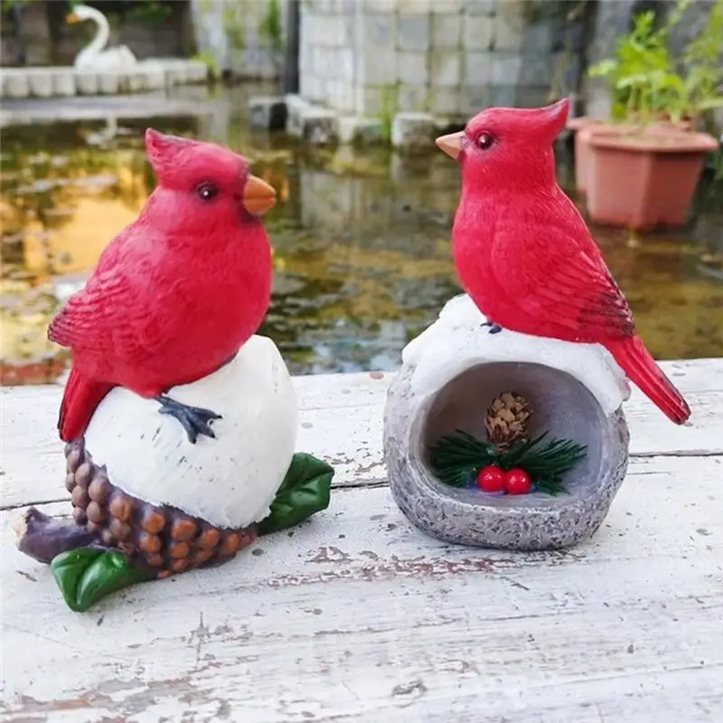 B62B-Red Bird Figurine Handmade Simulated Artificial Crafts Resin Red Bird Sculpture Decorative Handmade Bird Ornaments