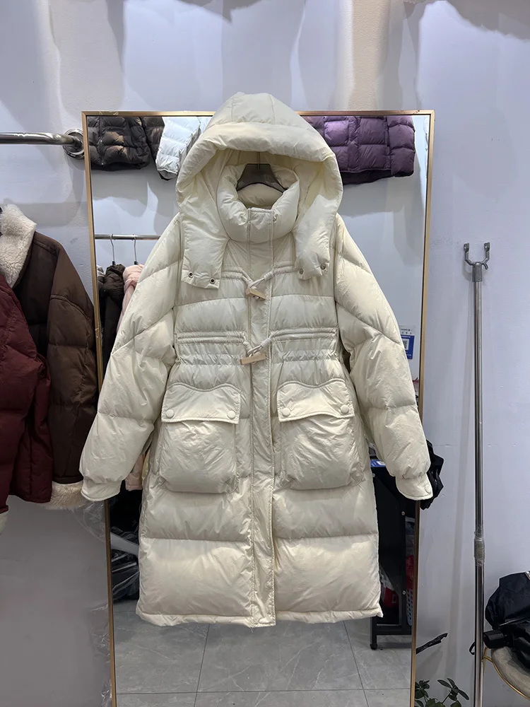 النسخة الكورية تصميم الأزياء مقنعين فضفاضة بيضاء بطة أسفل سترة المرأة منتصف طويل نمط الاتجاه الشتاء سترة جديدة أسفل
