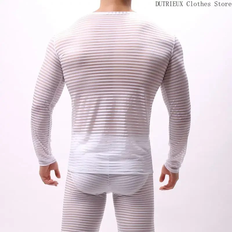 Horizontal Stripes Elastic Tight Transparent Long Sleeve T-shirt Men Sexy See-through Men's T-shirt Bar Club Party Clothing Top