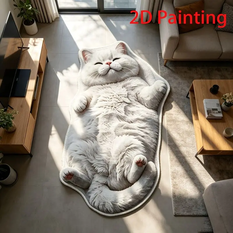VIKAMA Simulation White Chubby Cat Shaped Long Plush Carpet Foyer Bathroom Living Room Cute Cartoon Home Floor Mat