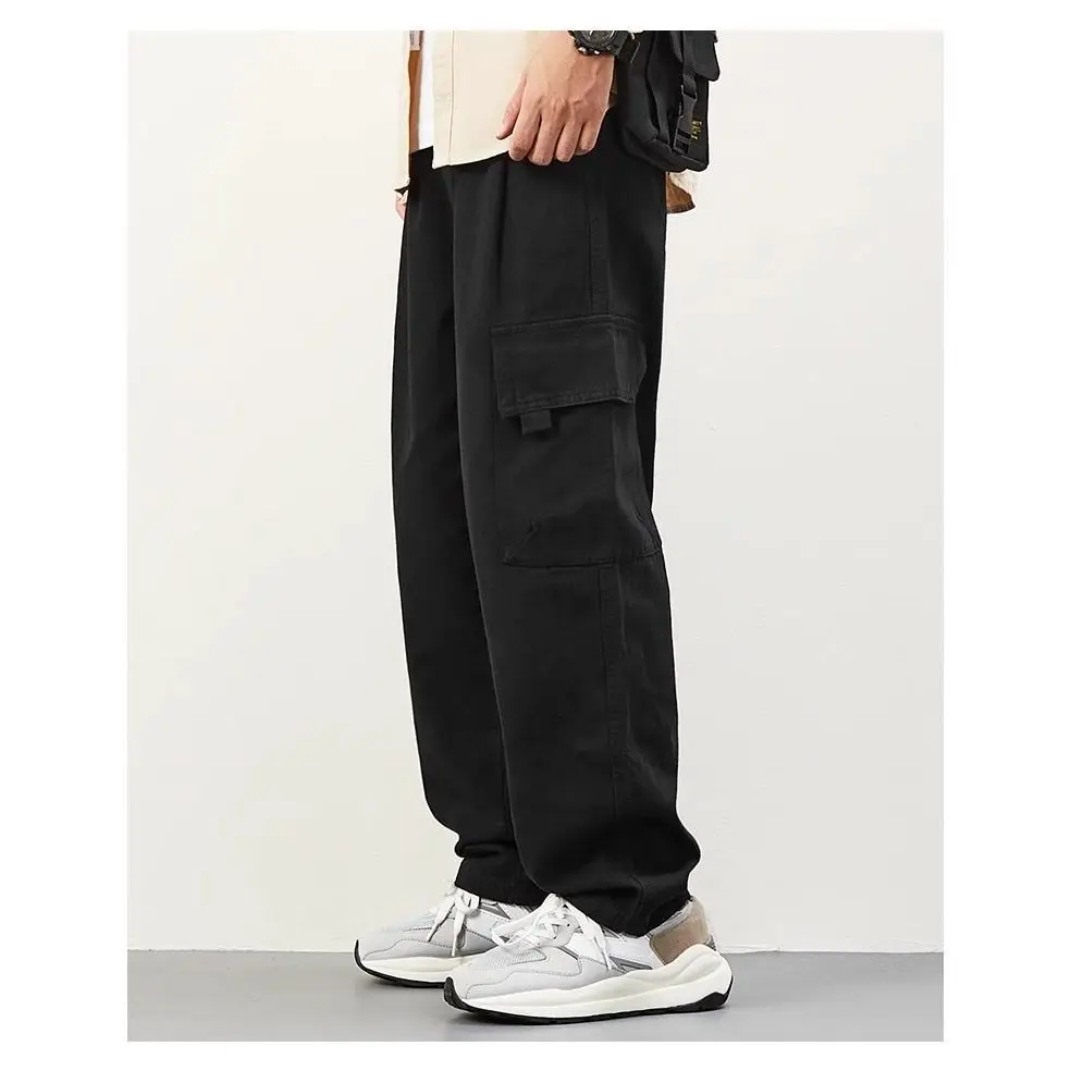 

Spring Autumn Japanese Style Solid Color Multi-Pocket Work Pants Men Retro Loose Cotton Straight Wide Leg Casual