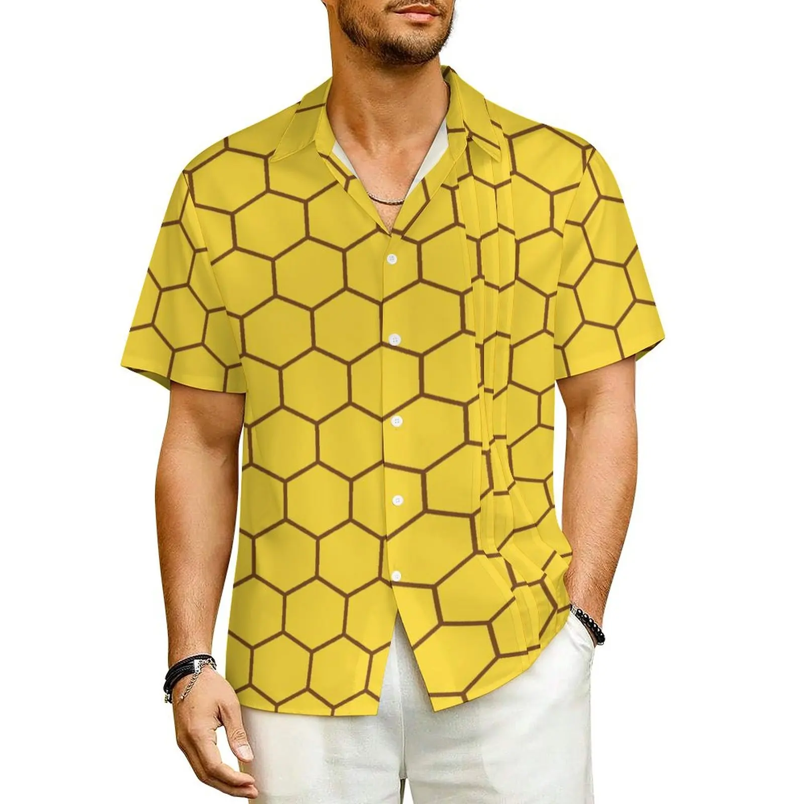 

Yellow Honeycomb Beach Shirt Men Abstract Arts Elegant Casual Shirts Hawaiian Short Sleeves Funny Custom Oversized Blouses Gift