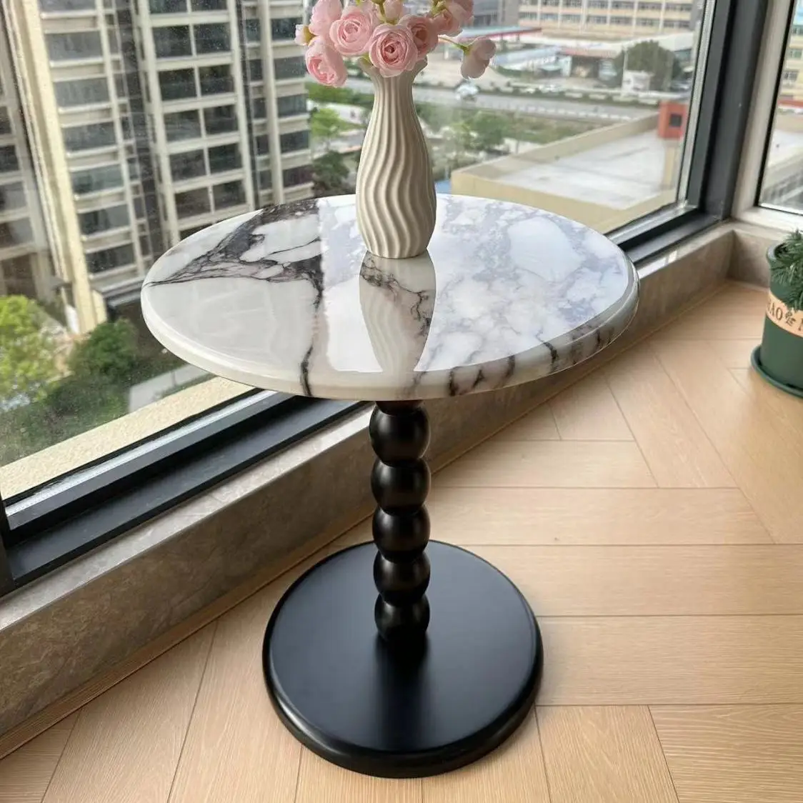 

French marble edge table solid wood luxury stone small coffee table bedside sofa furniture small apartment round coffee table