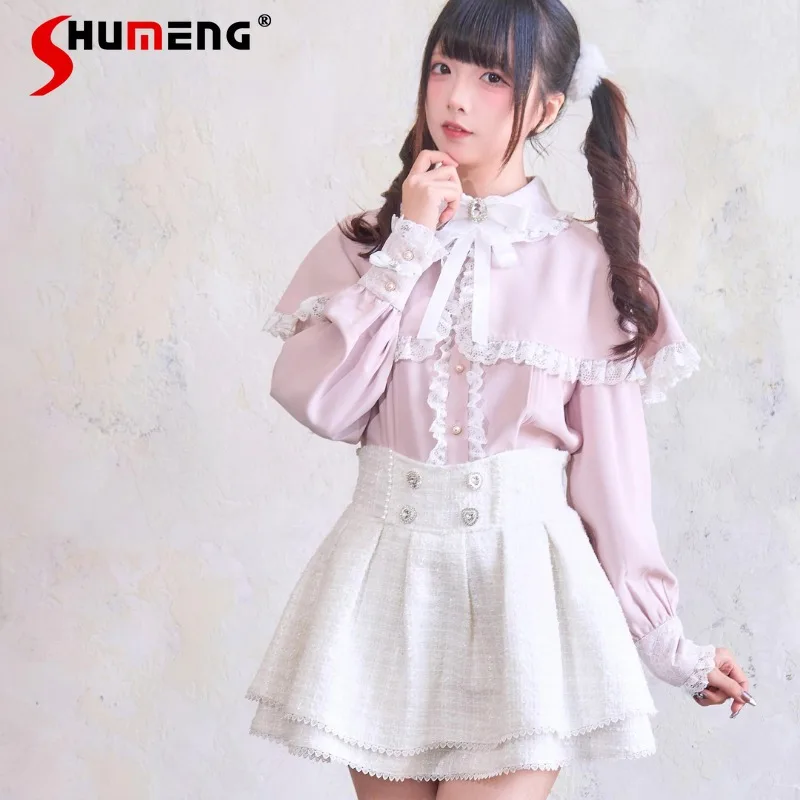 

2024 Autumn And Winter New Japanese Lolita Tweed High Waisted Short Skirt Original Mine Series Mass-produced Rojita Pink Skirts