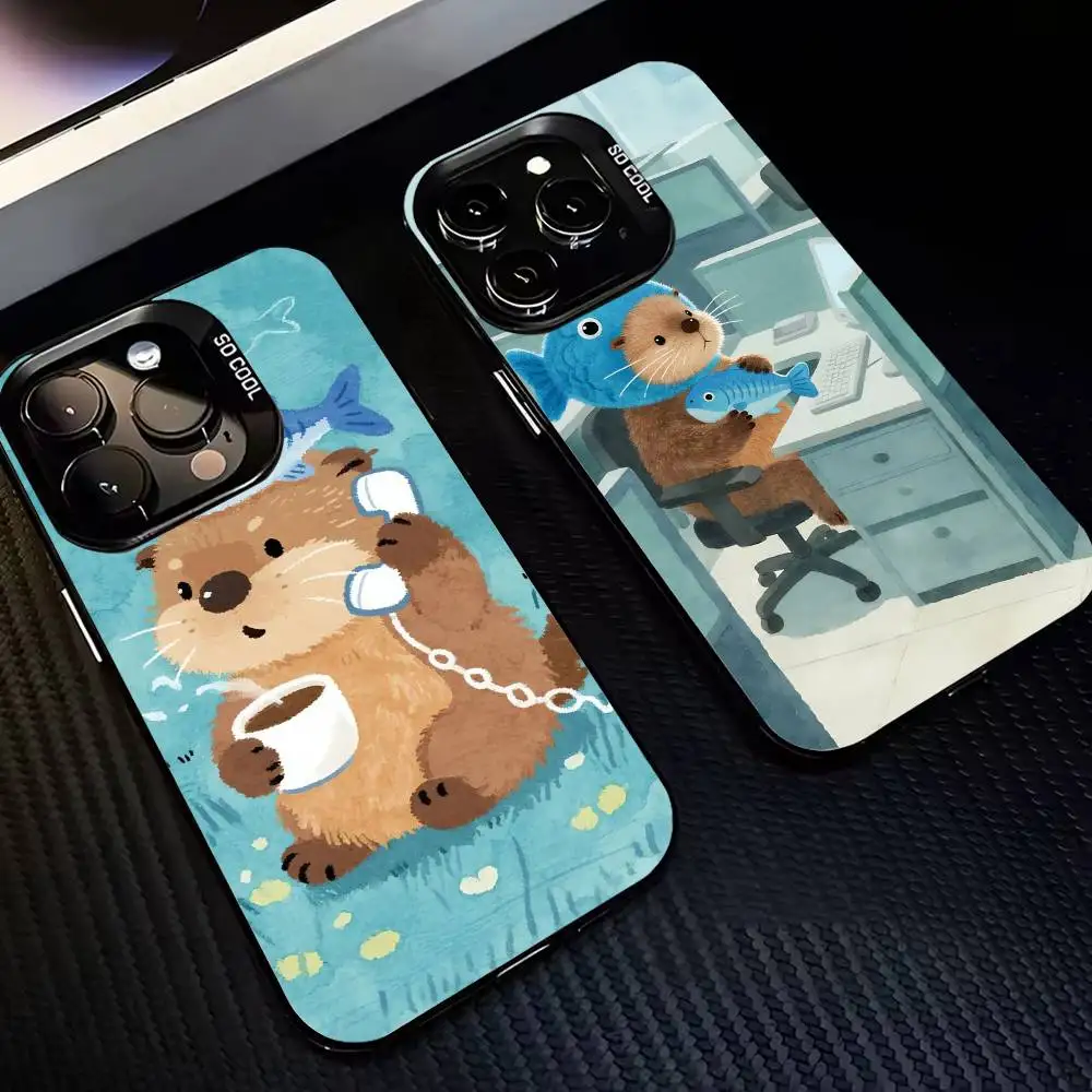 

Cute Baby Sea Otter Phone Case For iPhone17,16,15,14,13,12,11 Plus,Pro Max Black Border Silver Plated Cover