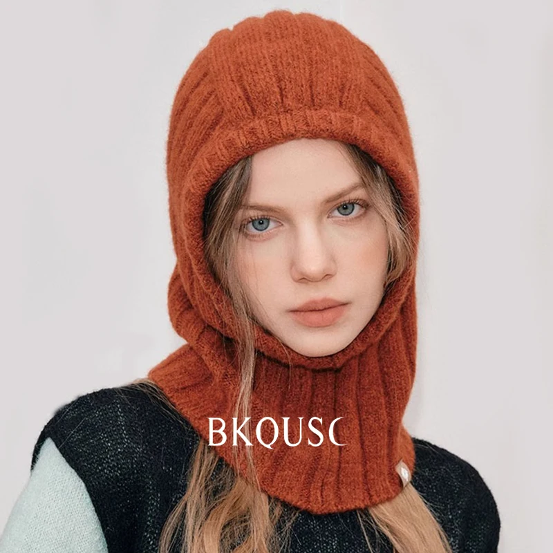 

BKQUSC New Winter Wool Knitted Women's Balaclava Hats Unisex Warm Neck Protection Pullover Scarf Knitting Female Beanies Caps