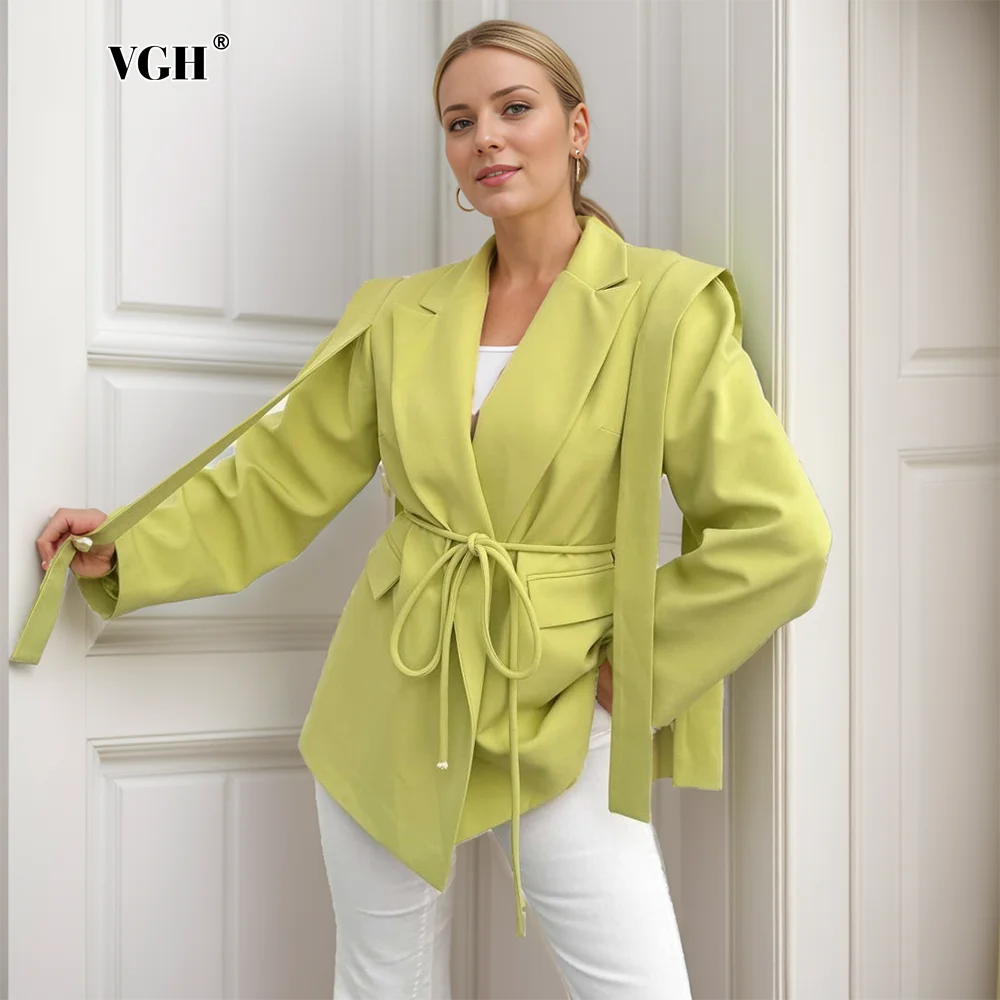 

VGH Elegant Patchwork Lace Up Tunic Blazers For Women Notched Collar Long Sleeve Minimalist Loose Solid Blazer Female Fashion