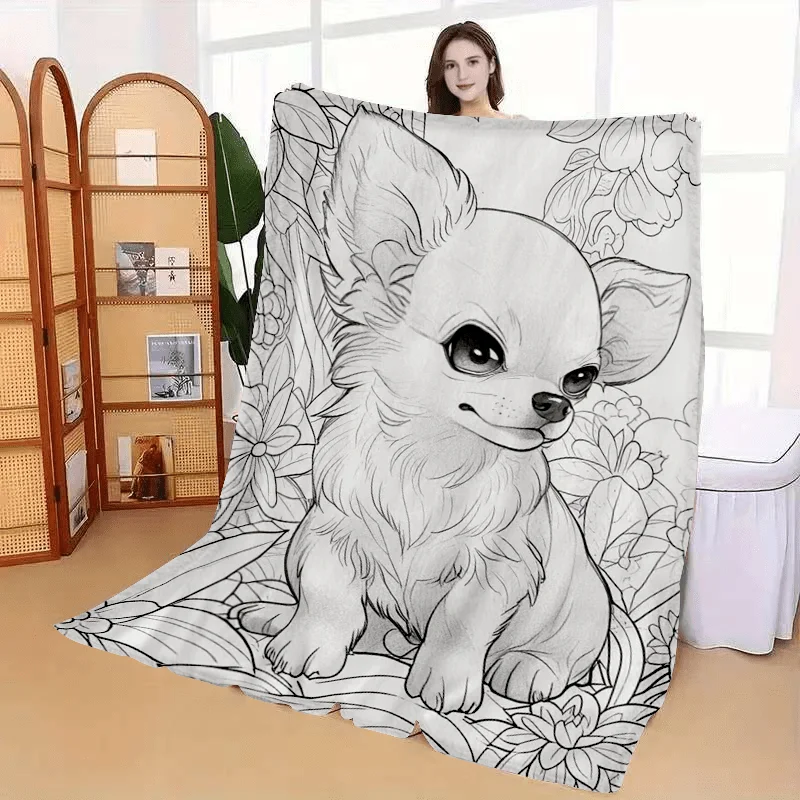 1pc DIY Coloring Flannel Blanket. Healing Hand Drawn Cute Chihuahua, Warm Skin Friendly for Sofa Travel Camping. Birthday Hallow