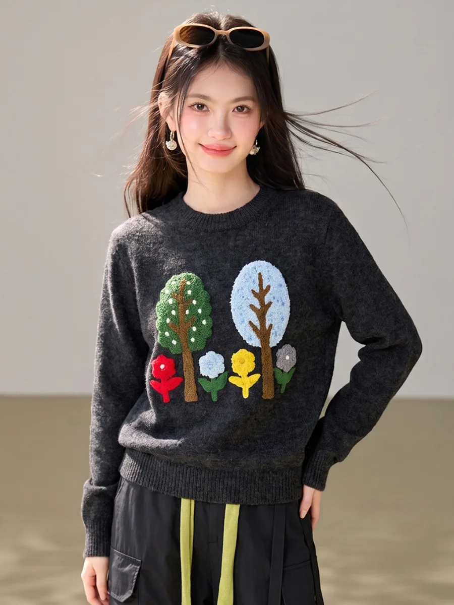 Ladies Knitted Fleece Sweatshirt round Neck Loose Fit Soft Cotton Overhead Top Cartoon Tree Floral Print Spring Autumn Wear