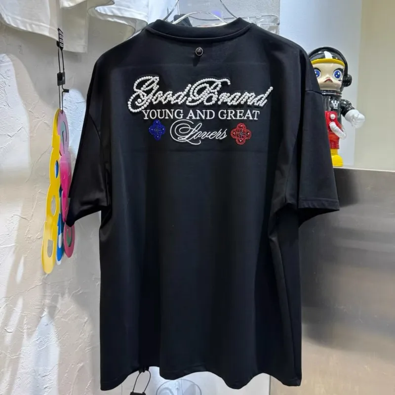 Real Photo Summer Men Women 2XL GOODBRAND Tshirts Colorful Small Flower Slogan Hotfix Rhinestone Black Round Neck Short Sleeve