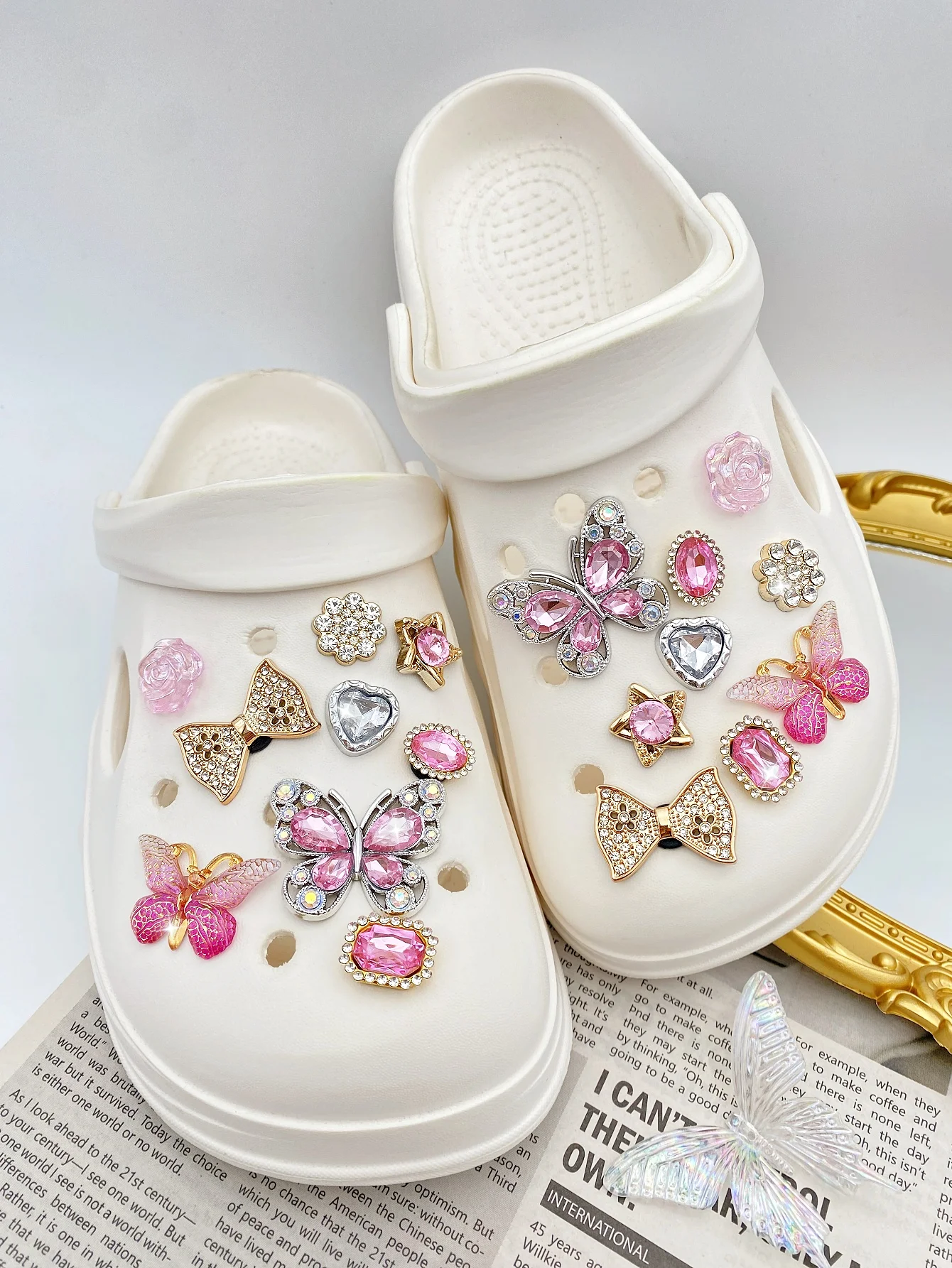 

18-розовая бриллиантовая бабочка из АБС-пластика, бриллиантовый бант в золотой горошек, серебряный бриллиант в форме сердца из АБС-пластика, розовая роза, драгоценный камень из АБС-пластика с пятиконечной звездой