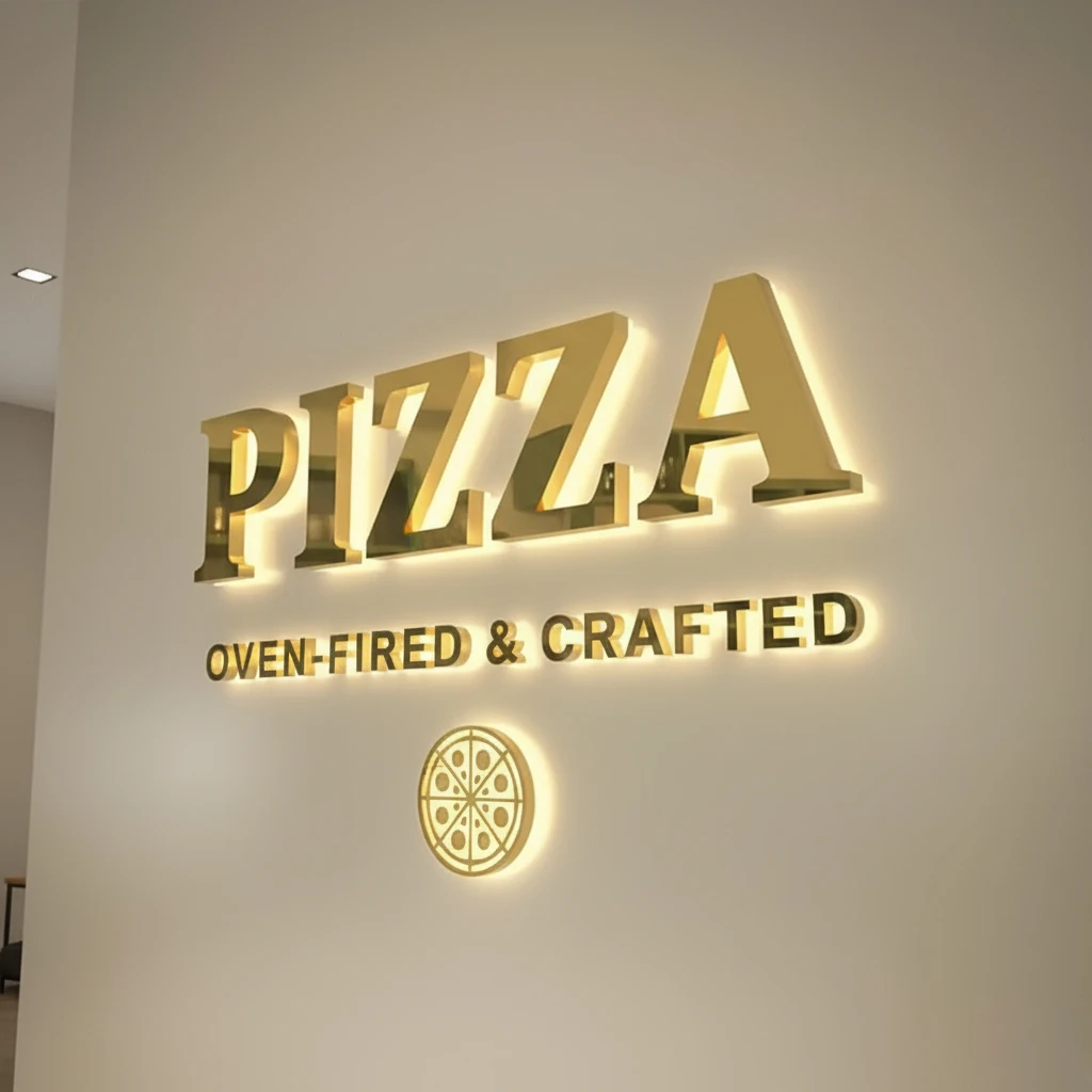 Custom Logo Sign - Illuminated Chic 3D Mirror Acrylic (Laser Cut, Wall Mounted) for Pizza Shops Reception & New Business Gift
