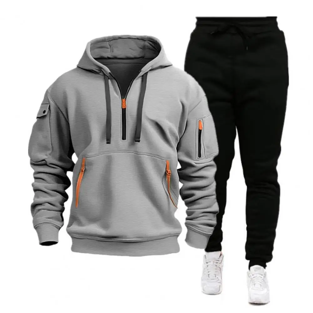 Conjunto de ropa deportiva para hombre, sudadera de manga larga con cordón y capucha, pantalones de chándal de Color sólido, conjunto de 2 piezas