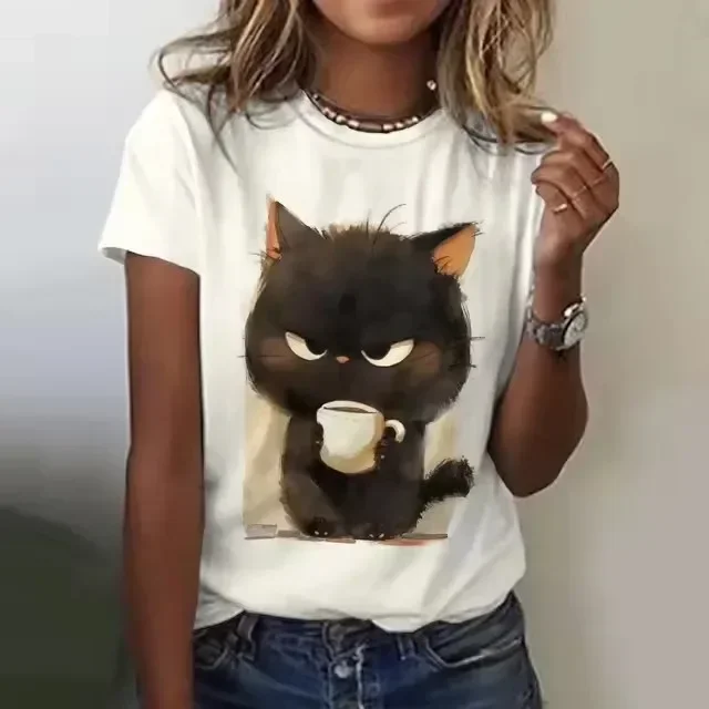 2026 Funny Cat T Shirt Women Angry Cat Print Short Sleeve Tops Casual Pullover Street Y2k Tshirt Female