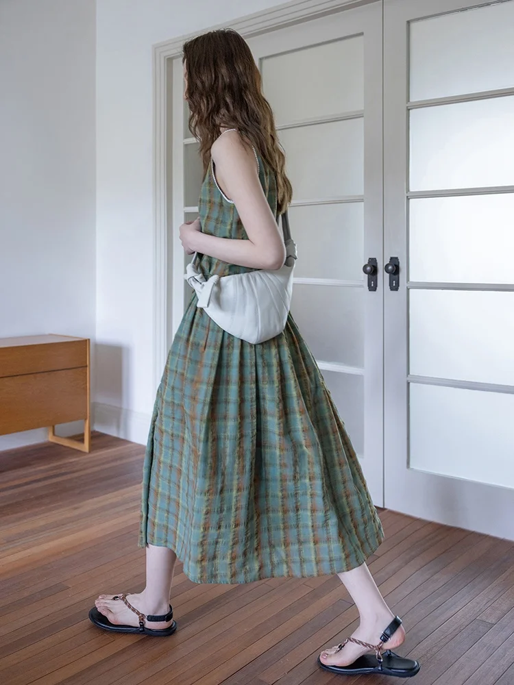 

Mlife Blue Plaid Ruffle Dr Women's Summer White Binding Svel Texture Retro Vest Skirt High Waist H-ape ort Dr