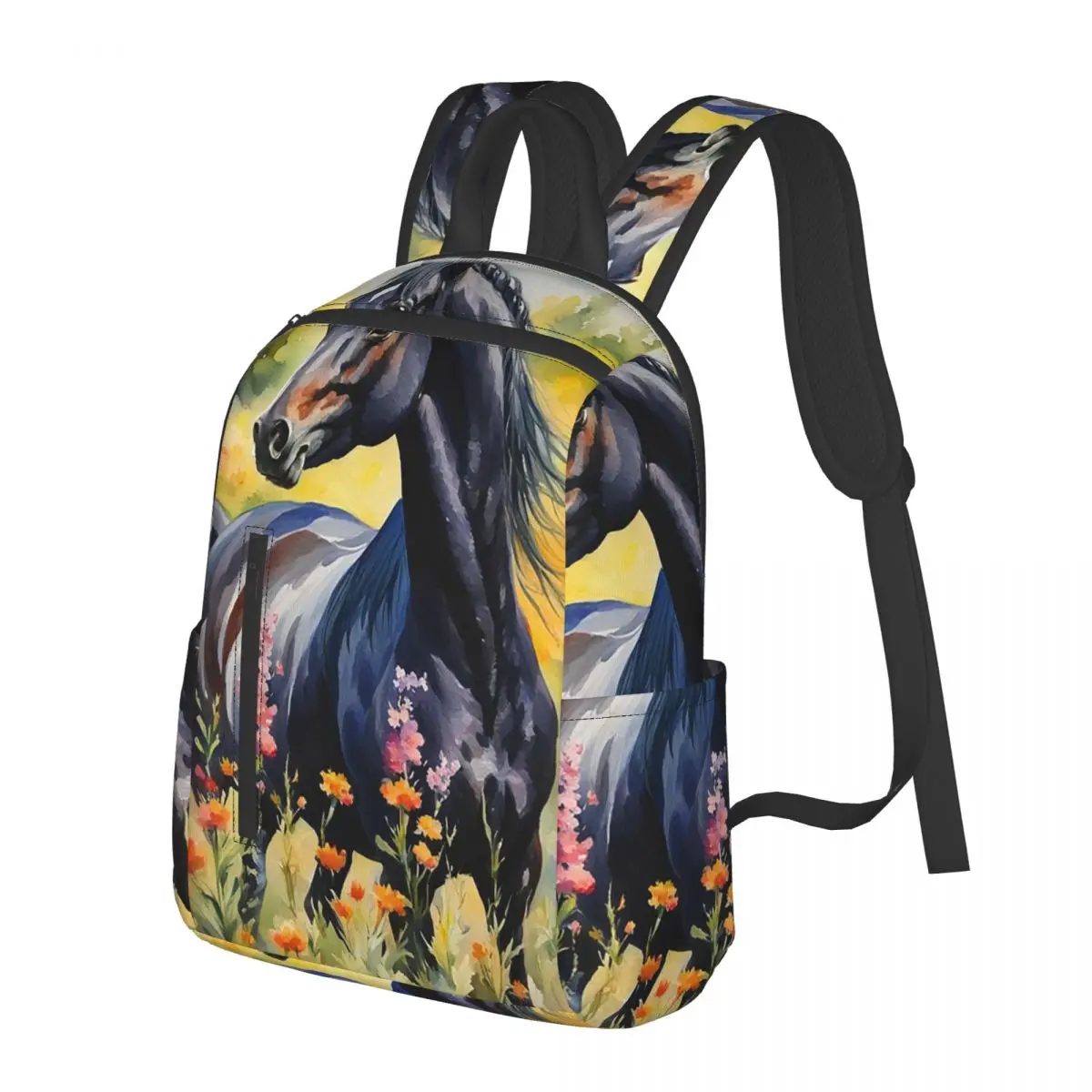 Flowers Surround Black Horse Print Student Backpack School Bag Hiking Travel Daypack for Men Women Bookbag Shoulder Bags