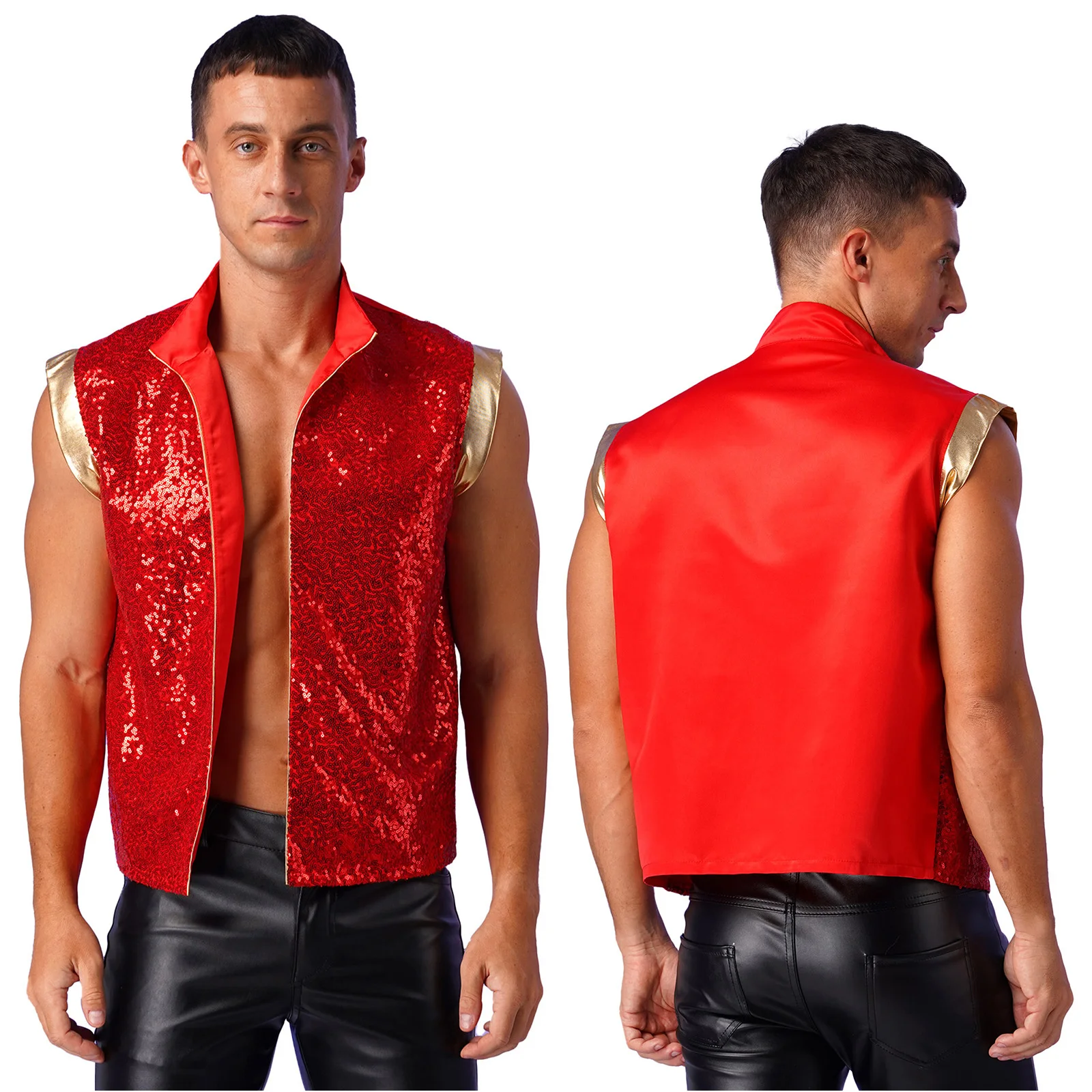 Mens Halloween Arabian Prince Vest Sparkly Sequin Open Front Metallic Patchwork Waistcoat Indian Arabian Cosplay Costumes