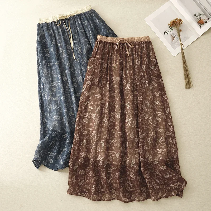 

Linen Double-layer Printing High-waisted Half-body Skirt Female Summer New Korean Version of The Retro Loose Tie Temperament Cas