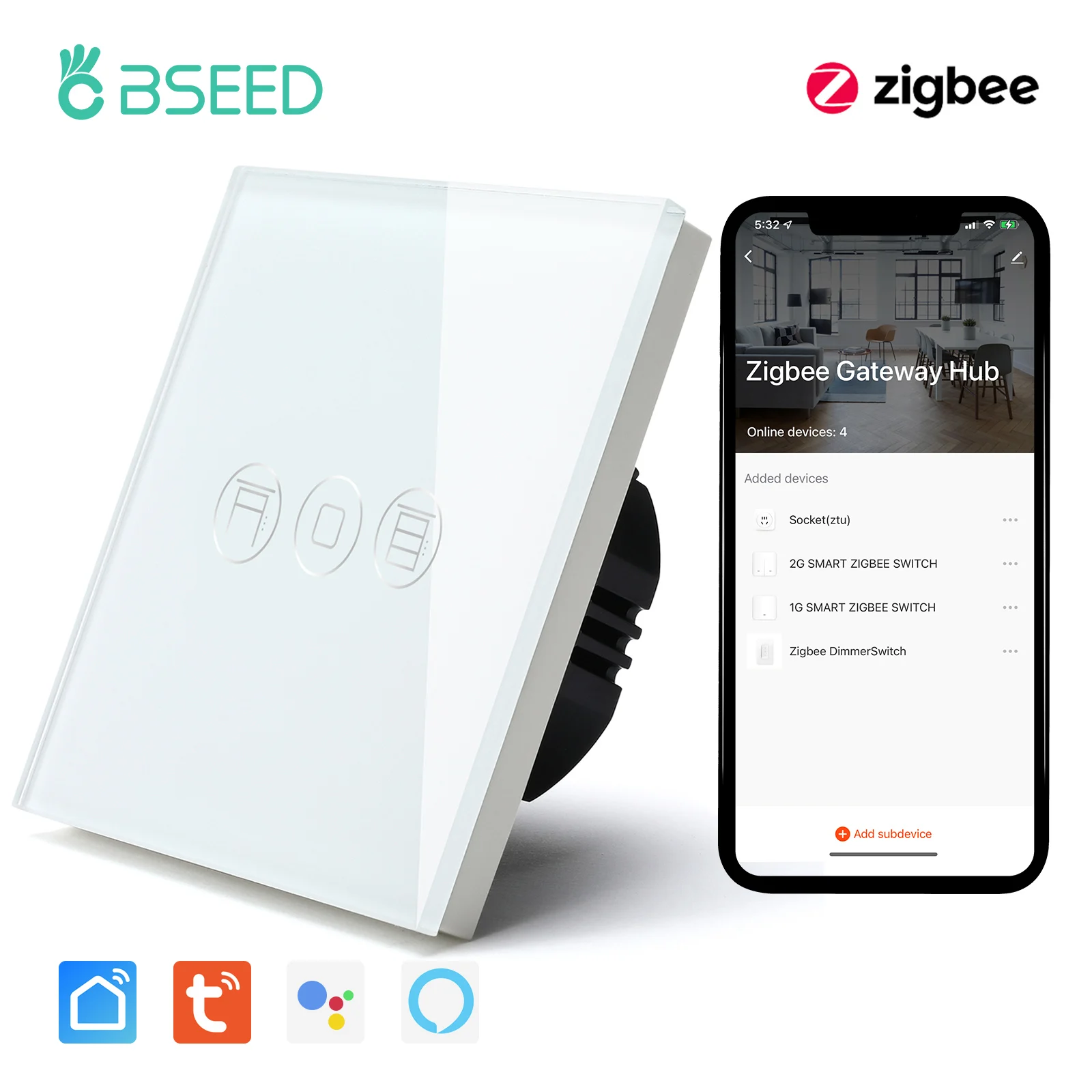 BSEED Zigbee Roller Shutter Switch Smart Blinds Switch Glass Panel Tuya Smart Life Google Alexa Voice Control Blue Backlight 5A