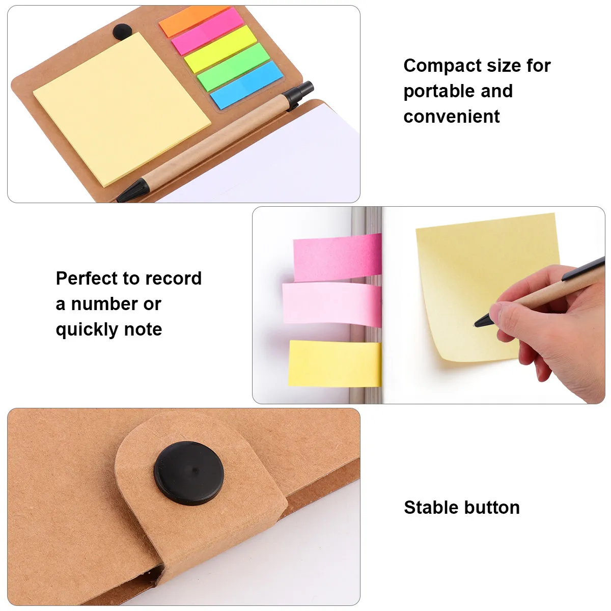 1Set Kraft Paper Sticky Memo Notebook with Pen and 3X Memo Pads Index Tabs Flags for Office Home Study Travel Notes Reminders