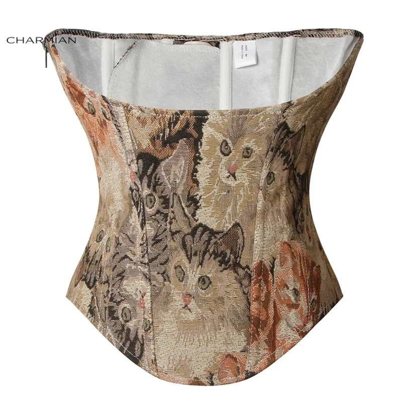 Charmian Renaissance Vintage Corset Women's Sexy Retro Medieval Cat Floral Print Boned Zipper Lace Up Waist Training Corset Belt