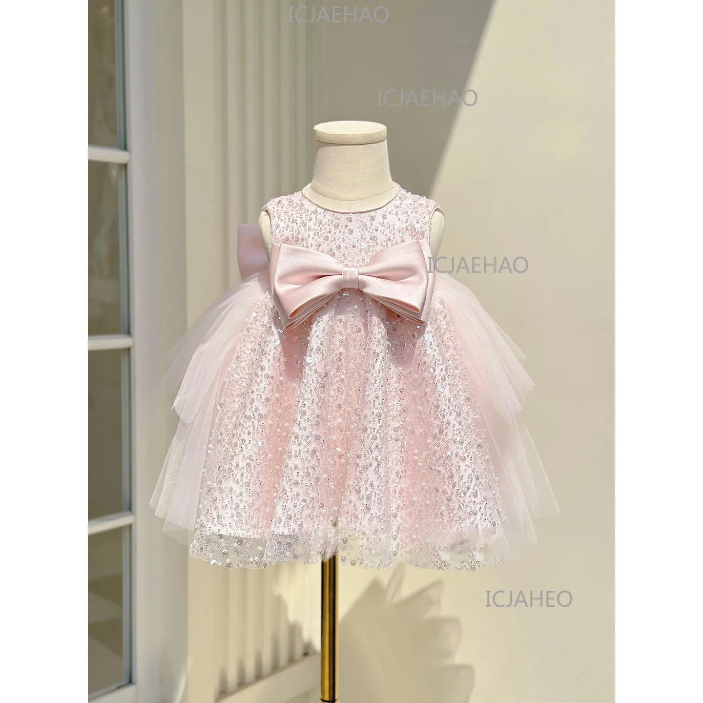 Girls Birthday Princess Dress, Gorgeous Kids Formal Party Dress  Pink Costume Sequin Puffy Tulle Short Gown, Fashion Bow Decor