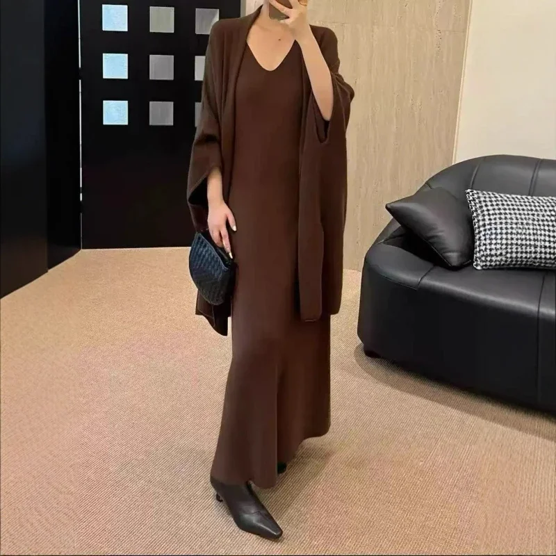 Women Dress Set Shawl Cardigan Two Piece Sets Slim Fit Sling Dresses Solid Knit Long Vestidos Skinny Party Elegant Lady Autumn