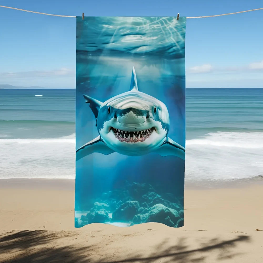 Shark Beach Towel, Great White Shark Print, Quick Dry Microfiber, Oversized for Beach, Pool, Travel, Gift for Him, Animal Lover